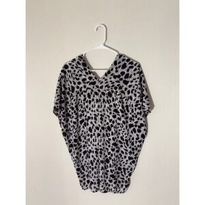 Womens Gray Black Leopard Print Kaftan Top Tunic Oversized V Neck Short Sleeve